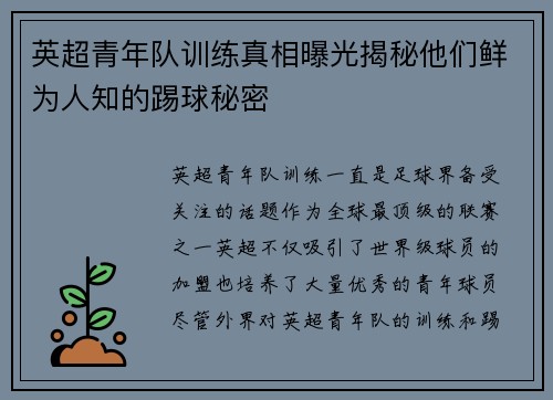 英超青年队训练真相曝光揭秘他们鲜为人知的踢球秘密