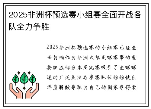 2025非洲杯预选赛小组赛全面开战各队全力争胜